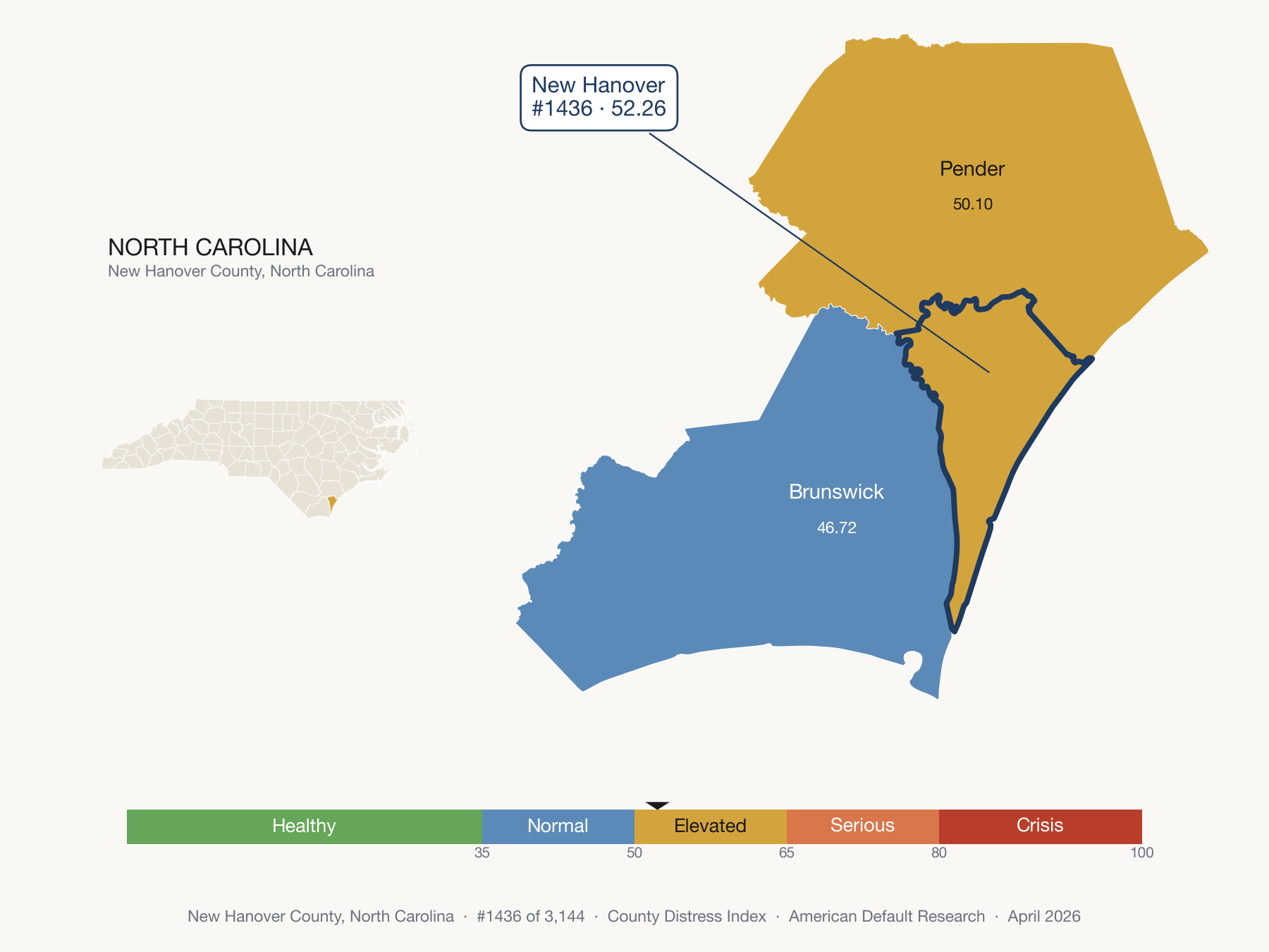 County Distress Index cluster map. New Hanover County, North Carolina and its neighbors colored by distress zone.