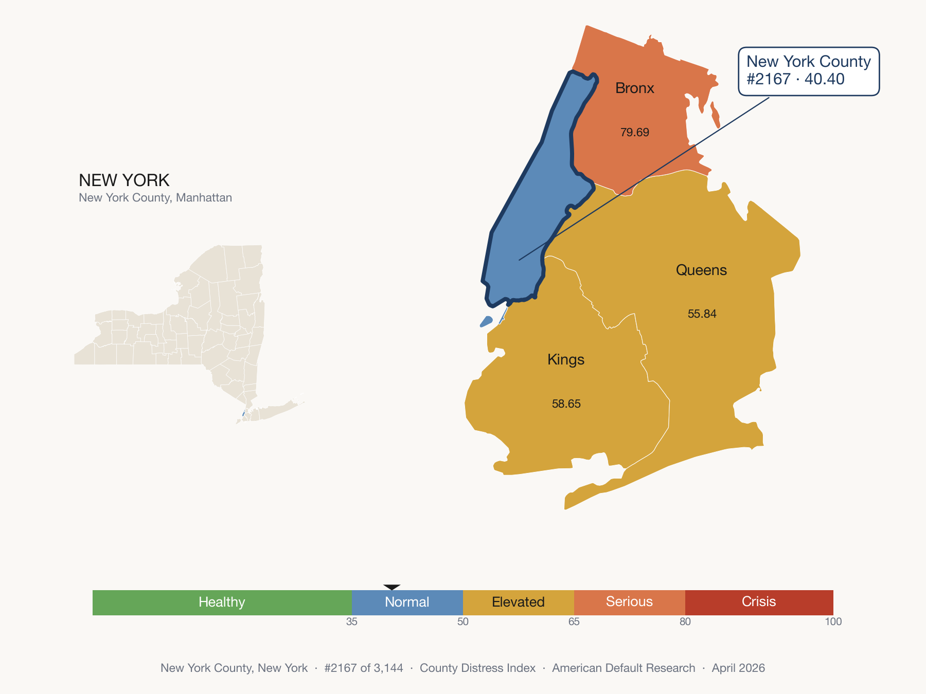 County Distress Index cluster map. New York County, New York and its neighbors colored by distress zone.