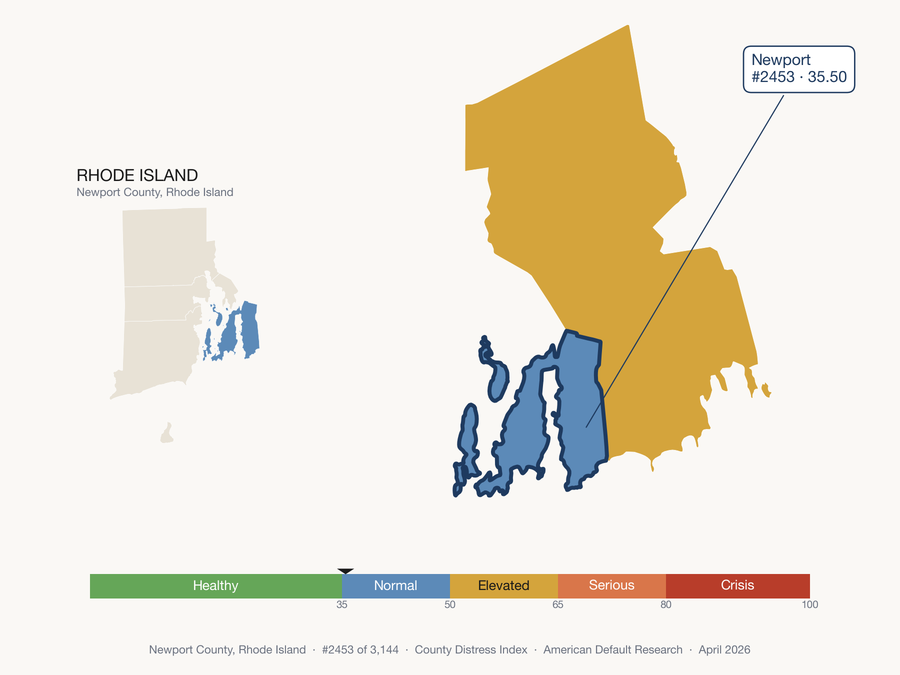 County Distress Index cluster map. Newport County, Rhode Island and its neighbors colored by distress zone.