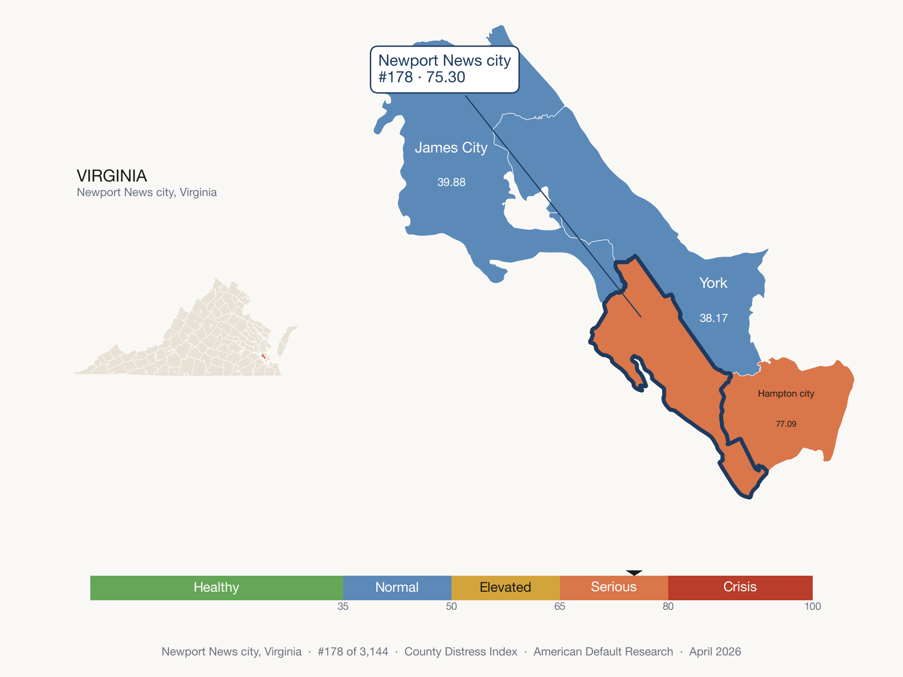 County Distress Index cluster map. Newport News city, Virginia and its neighbors colored by distress fifth.