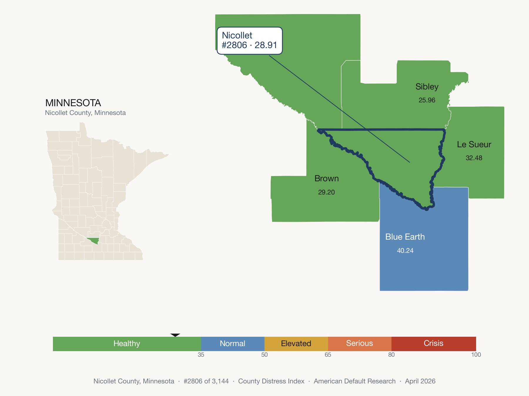 County Distress Index cluster map. Nicollet County, Minnesota and its neighbors colored by distress fifth.