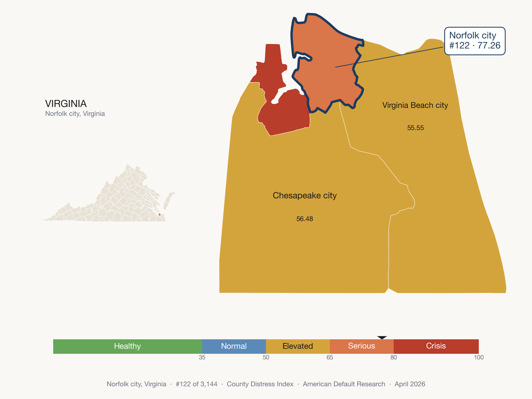County Distress Index cluster map. Norfolk city, Virginia and its neighbors colored by distress fifth.