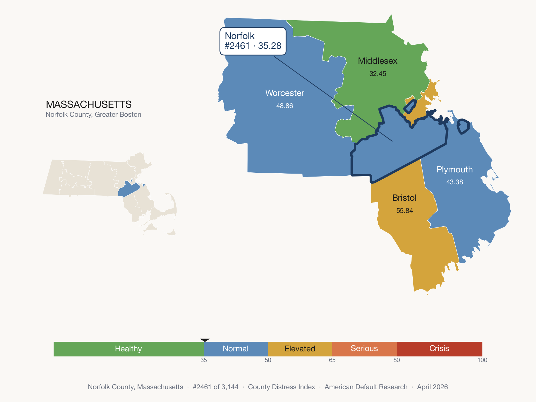 County Distress Index cluster map. Norfolk County, Massachusetts and its neighbors colored by distress zone.
