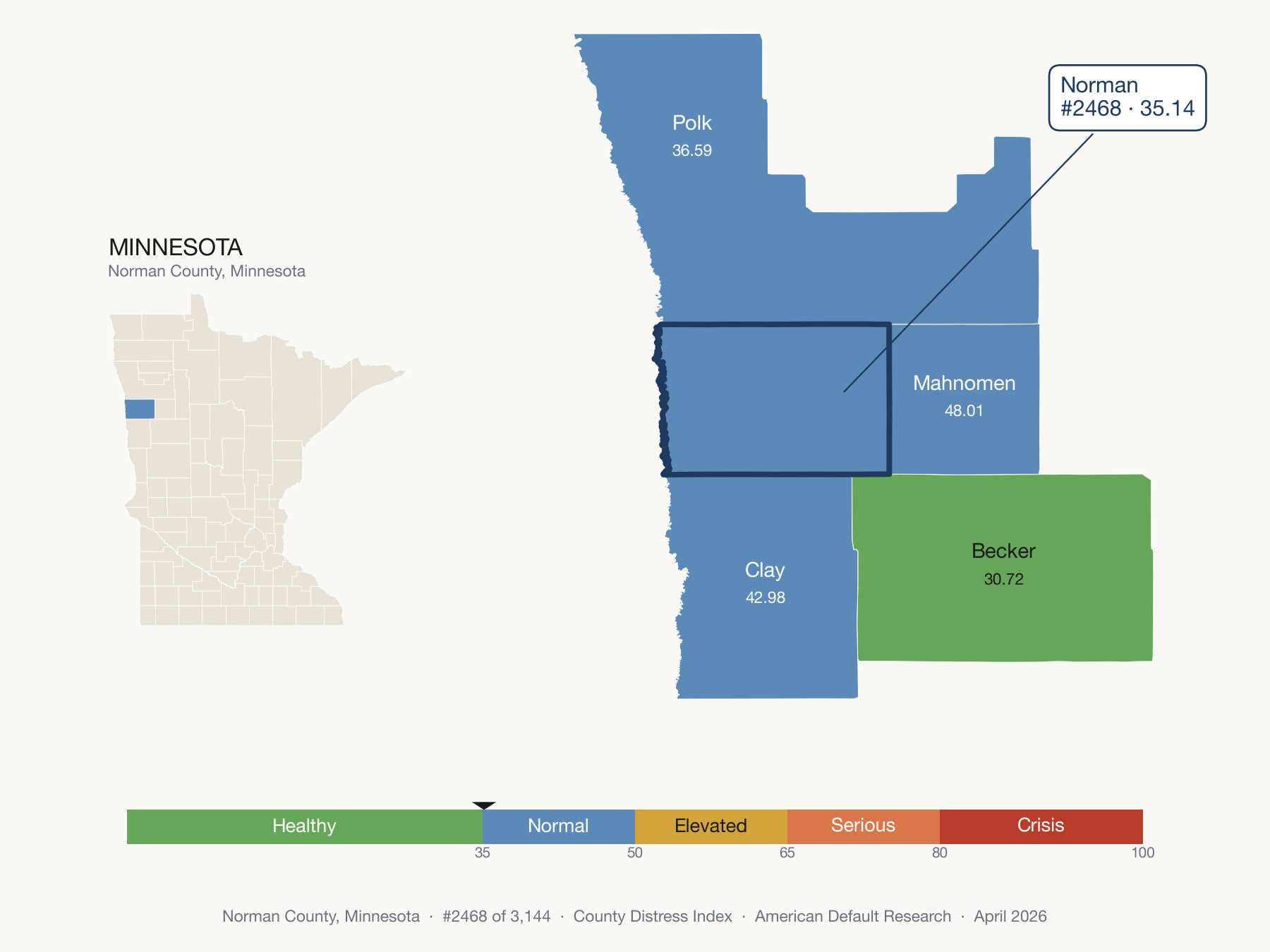 County Distress Index cluster map. Norman County, Minnesota and its neighbors colored by distress zone.