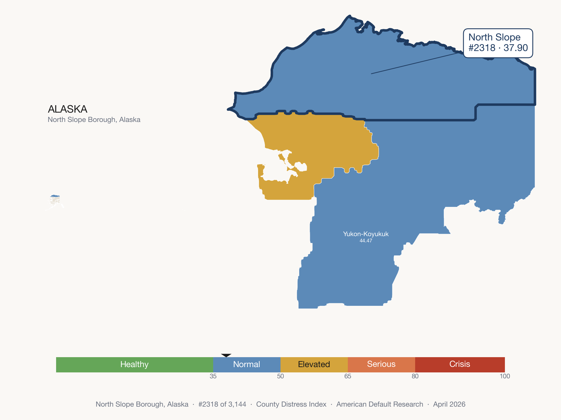 County Distress Index cluster map. North Slope Borough, Alaska and its neighbors colored by distress fifth.