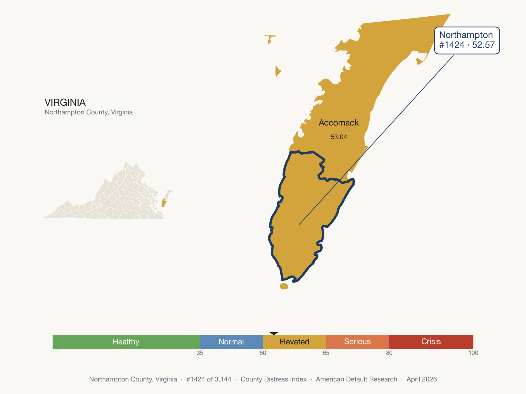 County Distress Index cluster map. Northampton County, Virginia and its neighbors colored by distress zone.