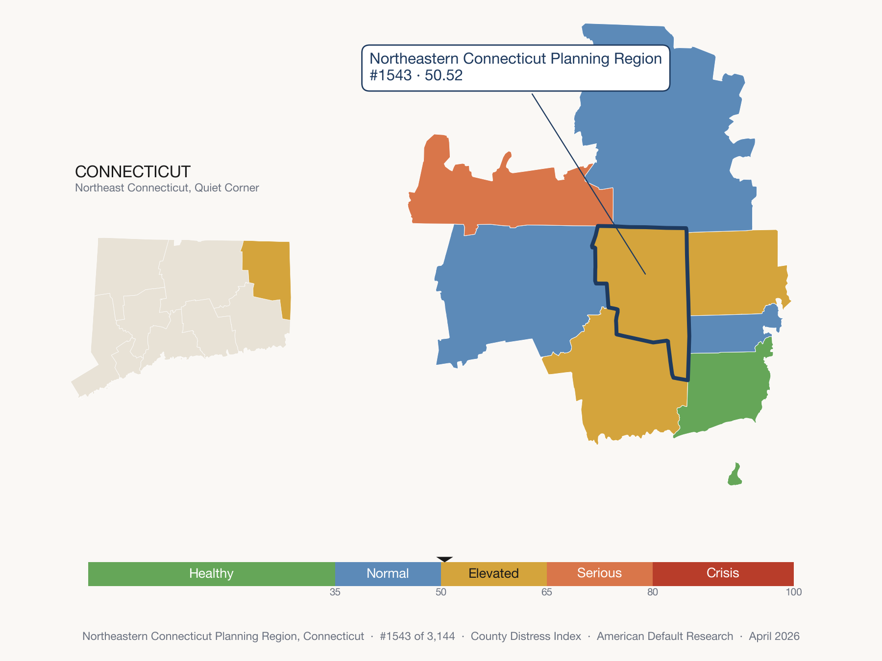 County Distress Index cluster map. Northeastern Connecticut Planning Region, Connecticut and its neighbors colored by distress fifth.