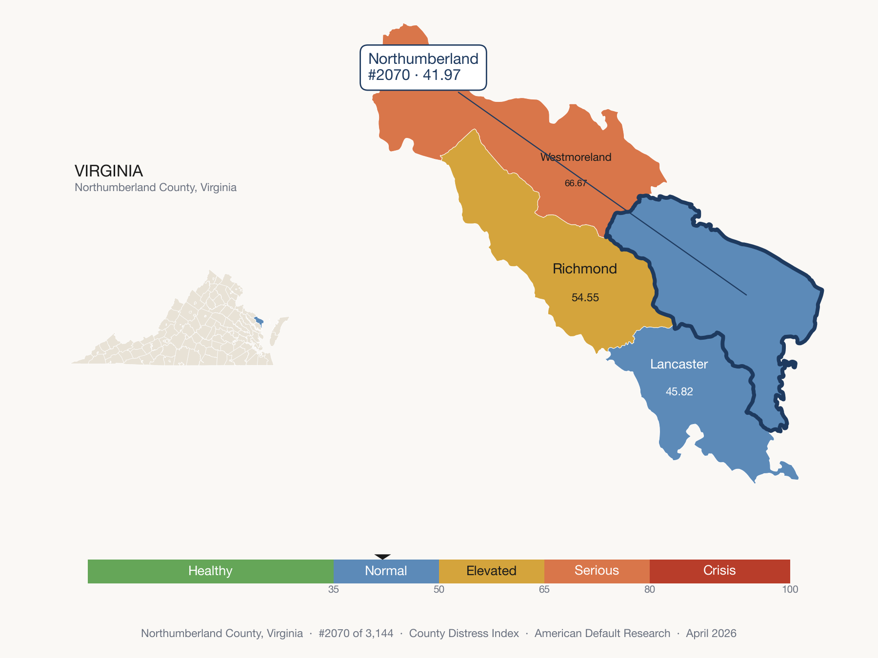 County Distress Index cluster map. Northumberland County, Virginia and its neighbors colored by distress zone.