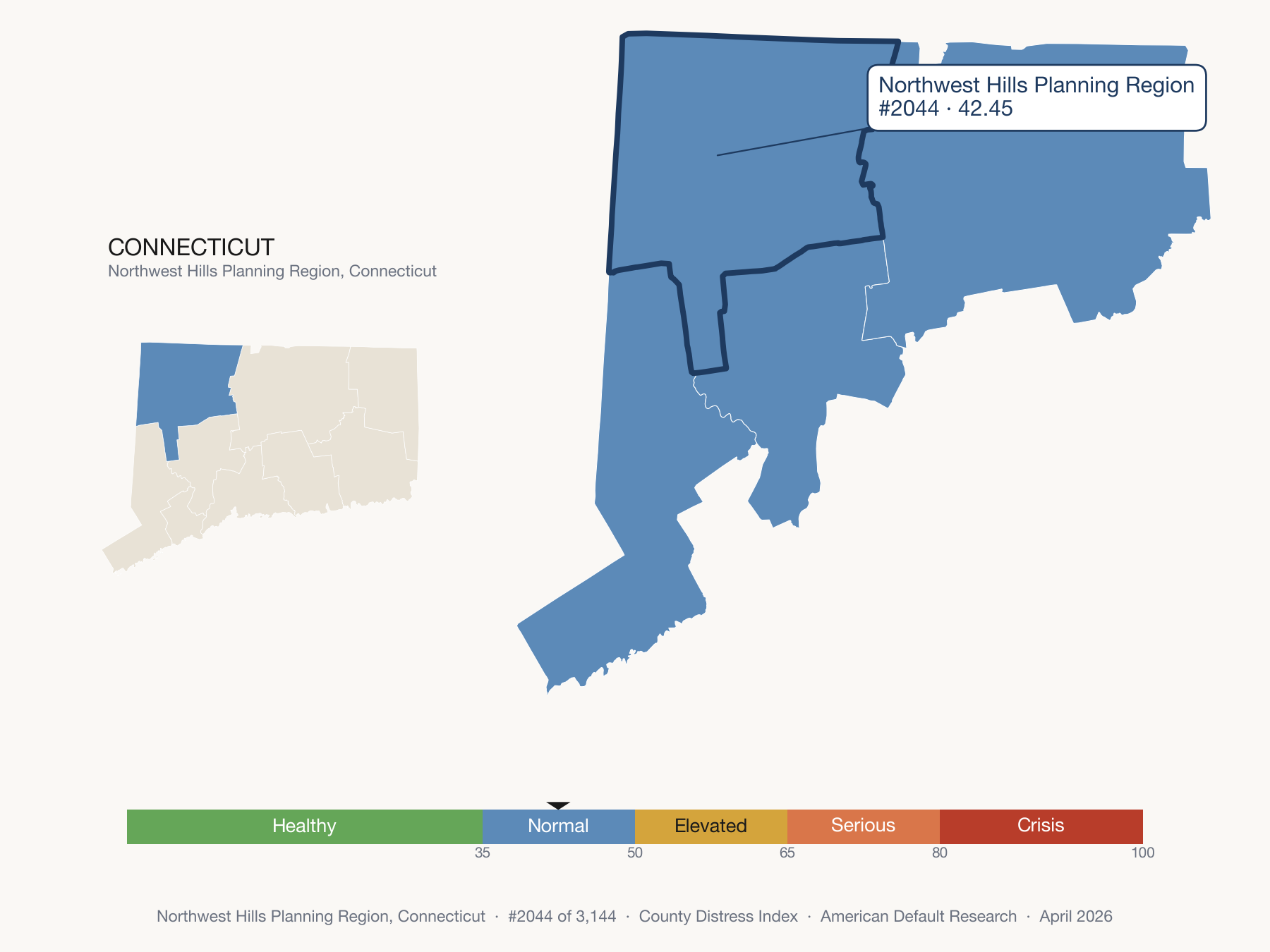 County Distress Index cluster map. Northwest Hills Planning Region, Connecticut and its neighbors colored by distress zone.