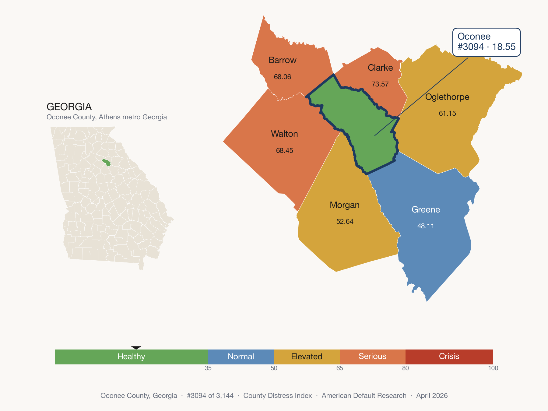 County Distress Index cluster map. Oconee County, Georgia and its neighbors colored by distress zone.