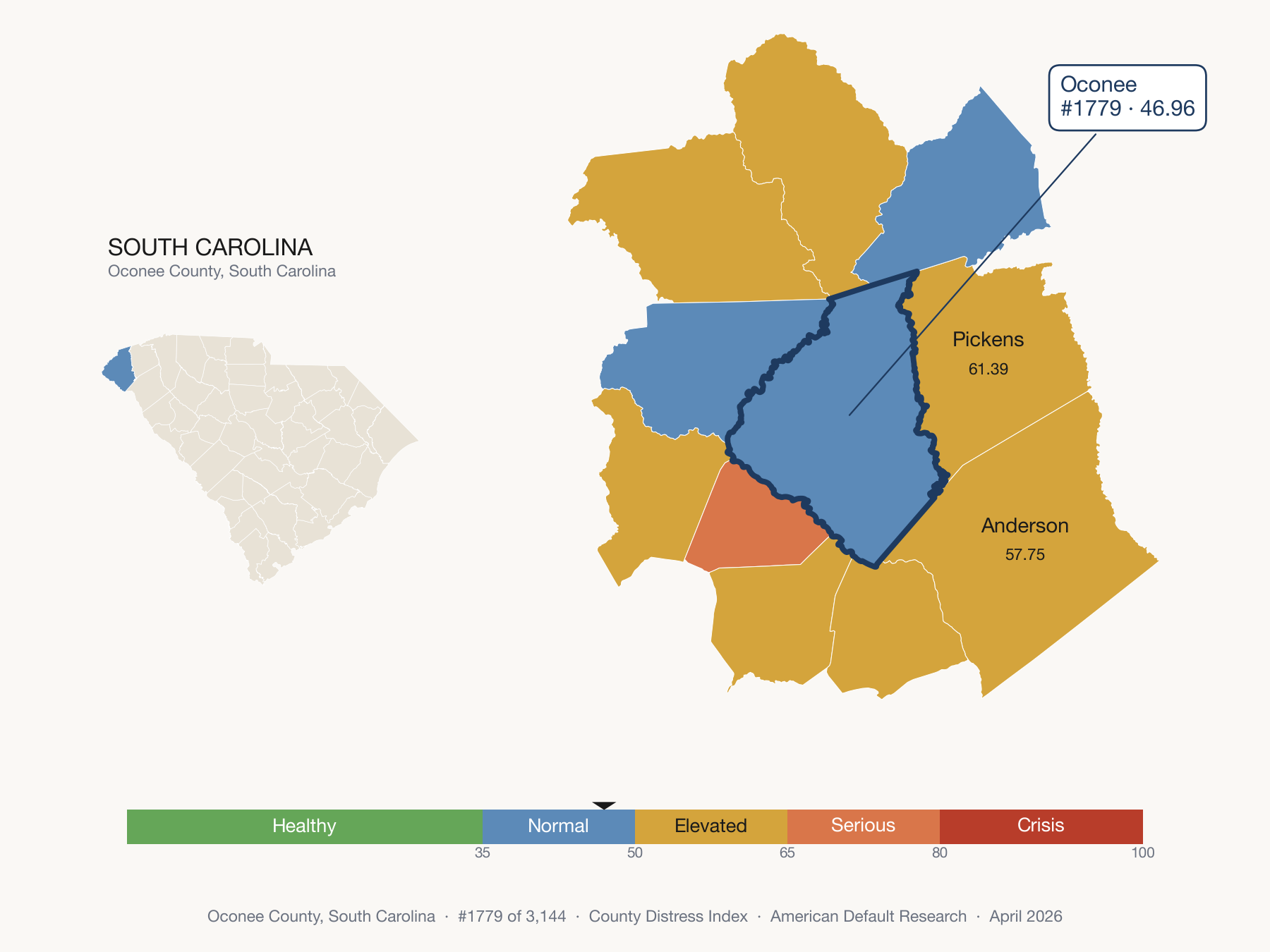 County Distress Index cluster map. Oconee County, South Carolina and its neighbors colored by distress fifth.