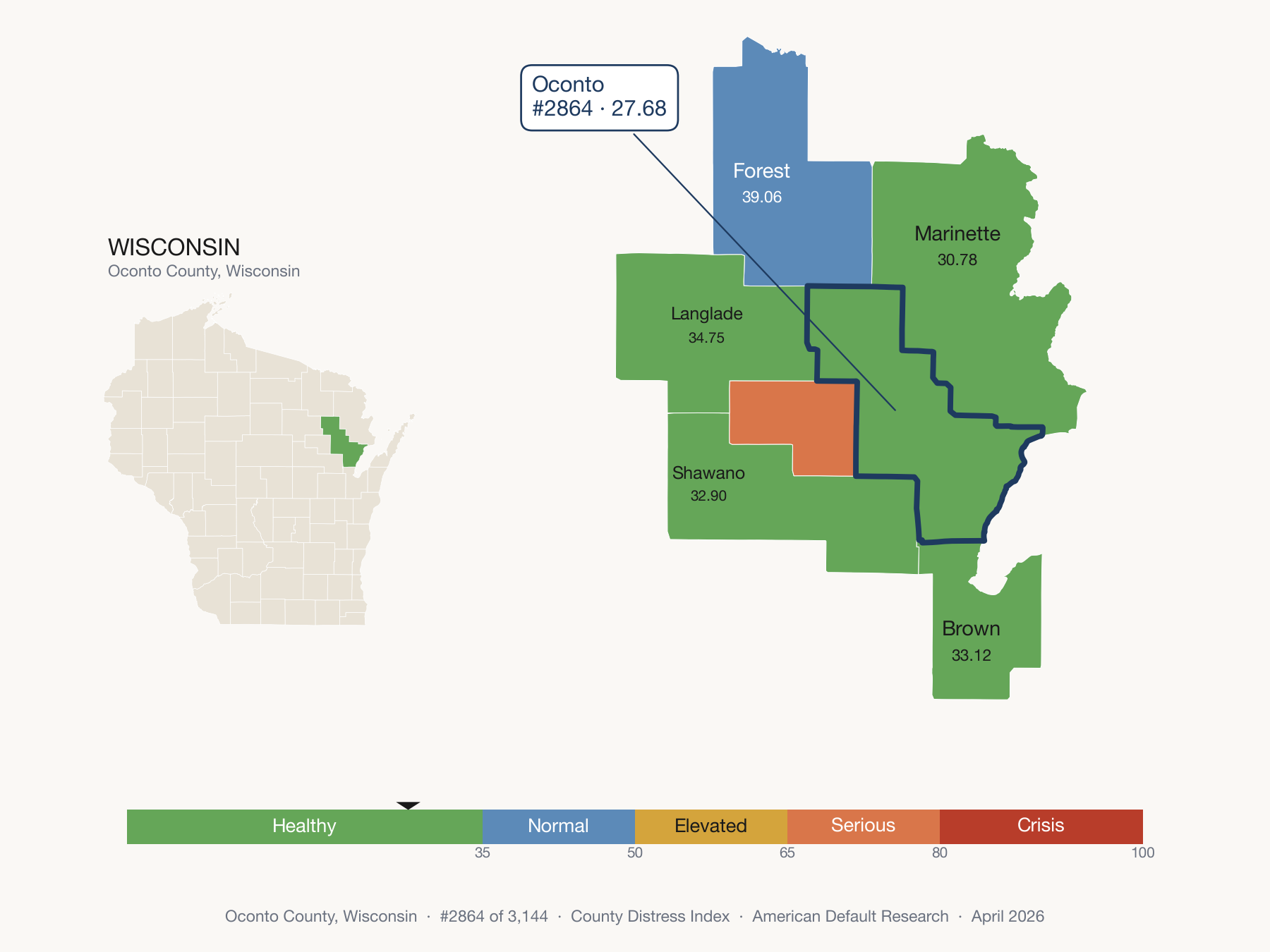 County Distress Index cluster map. Oconto County, Wisconsin and its neighbors colored by distress fifth.
