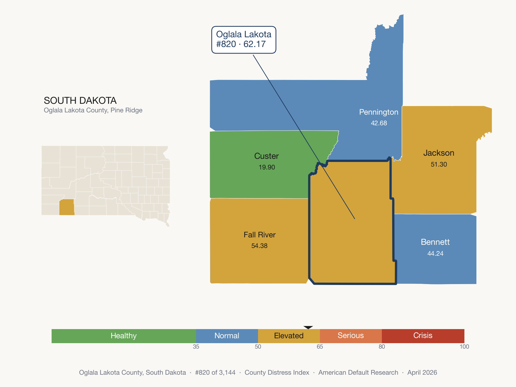 County Distress Index cluster map. Oglala Lakota County, South Dakota and its neighbors colored by distress zone.