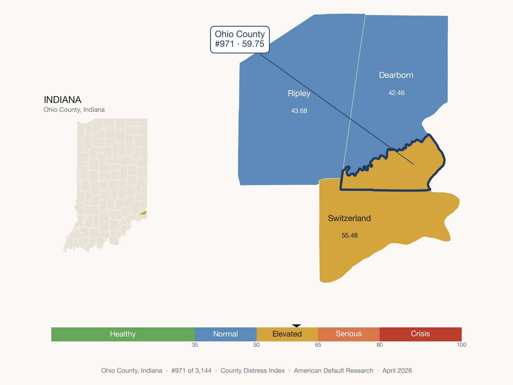 County Distress Index cluster map. Ohio County, Indiana and its neighbors colored by distress fifth.