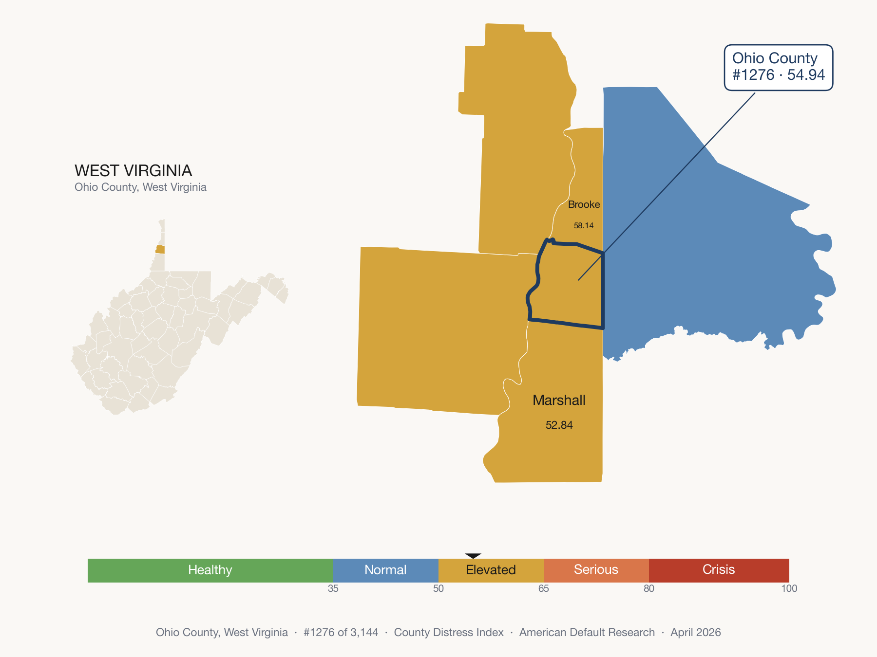 County Distress Index cluster map. Ohio County, West Virginia and its neighbors colored by distress zone.
