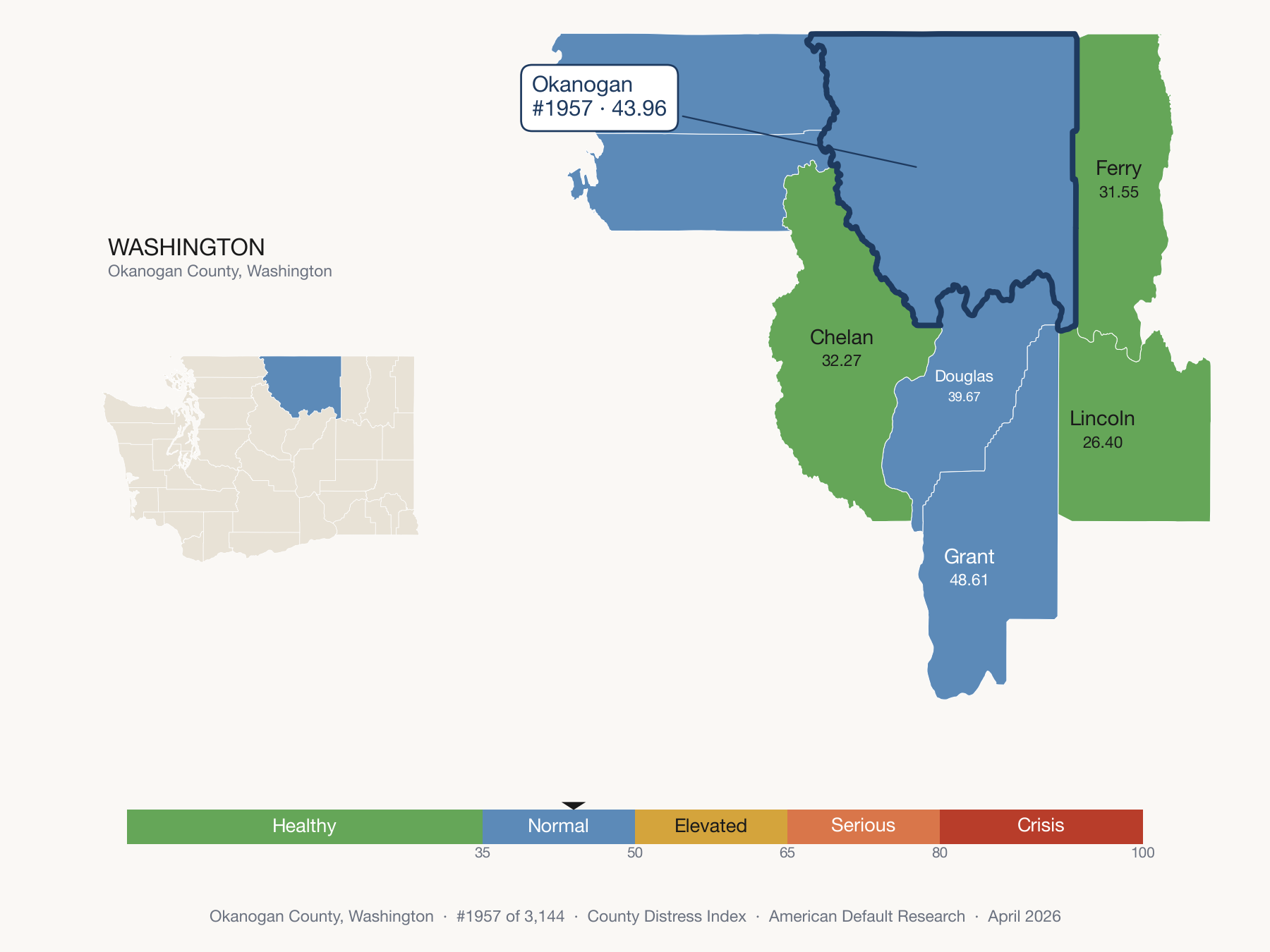 County Distress Index cluster map. Okanogan County, Washington and its neighbors colored by distress fifth.