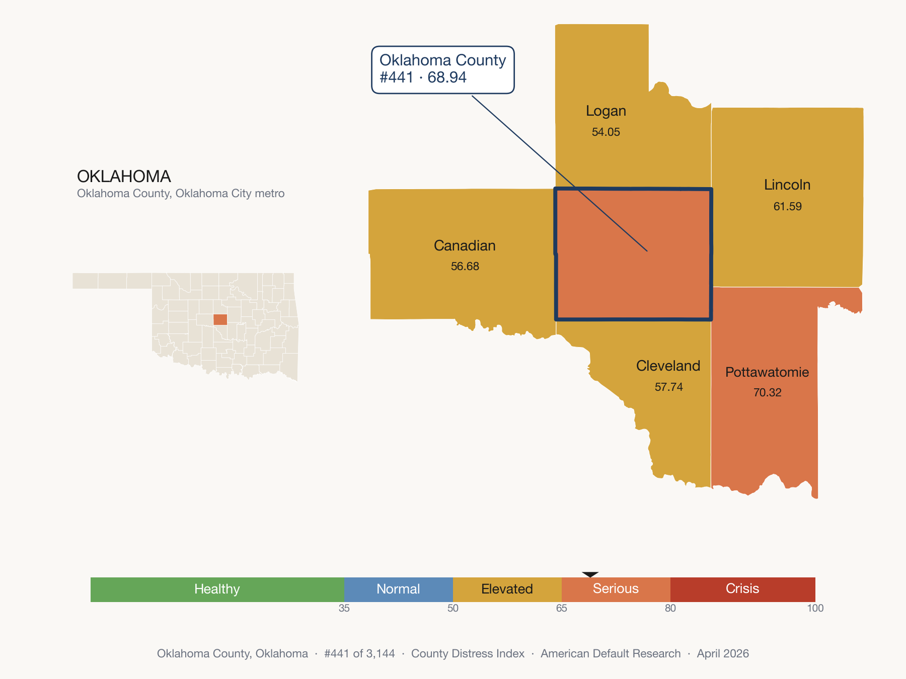 County Distress Index cluster map. Oklahoma County, Oklahoma and its neighbors colored by distress fifth.