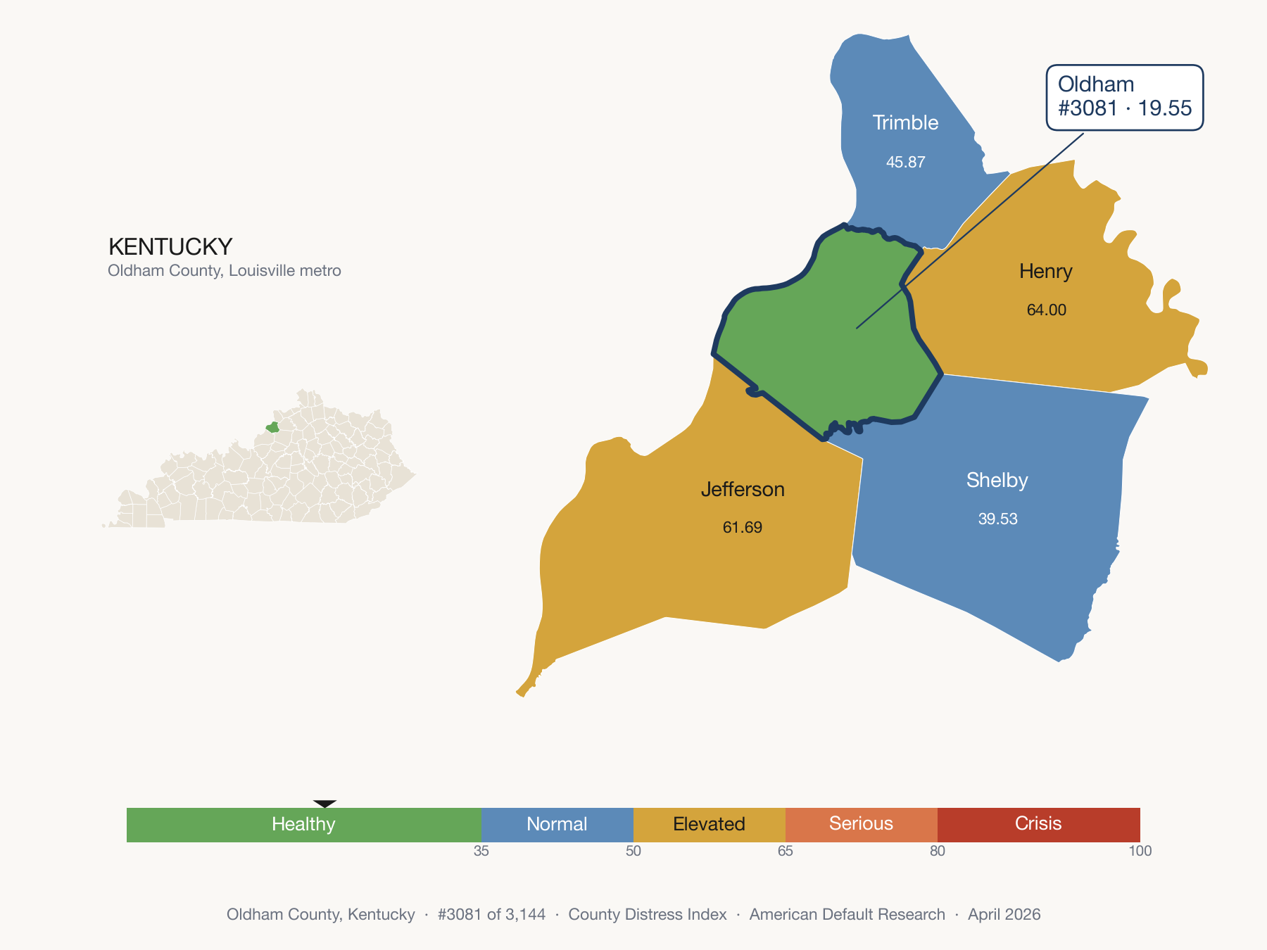 County Distress Index cluster map. Oldham County, Kentucky and its neighbors colored by distress zone.