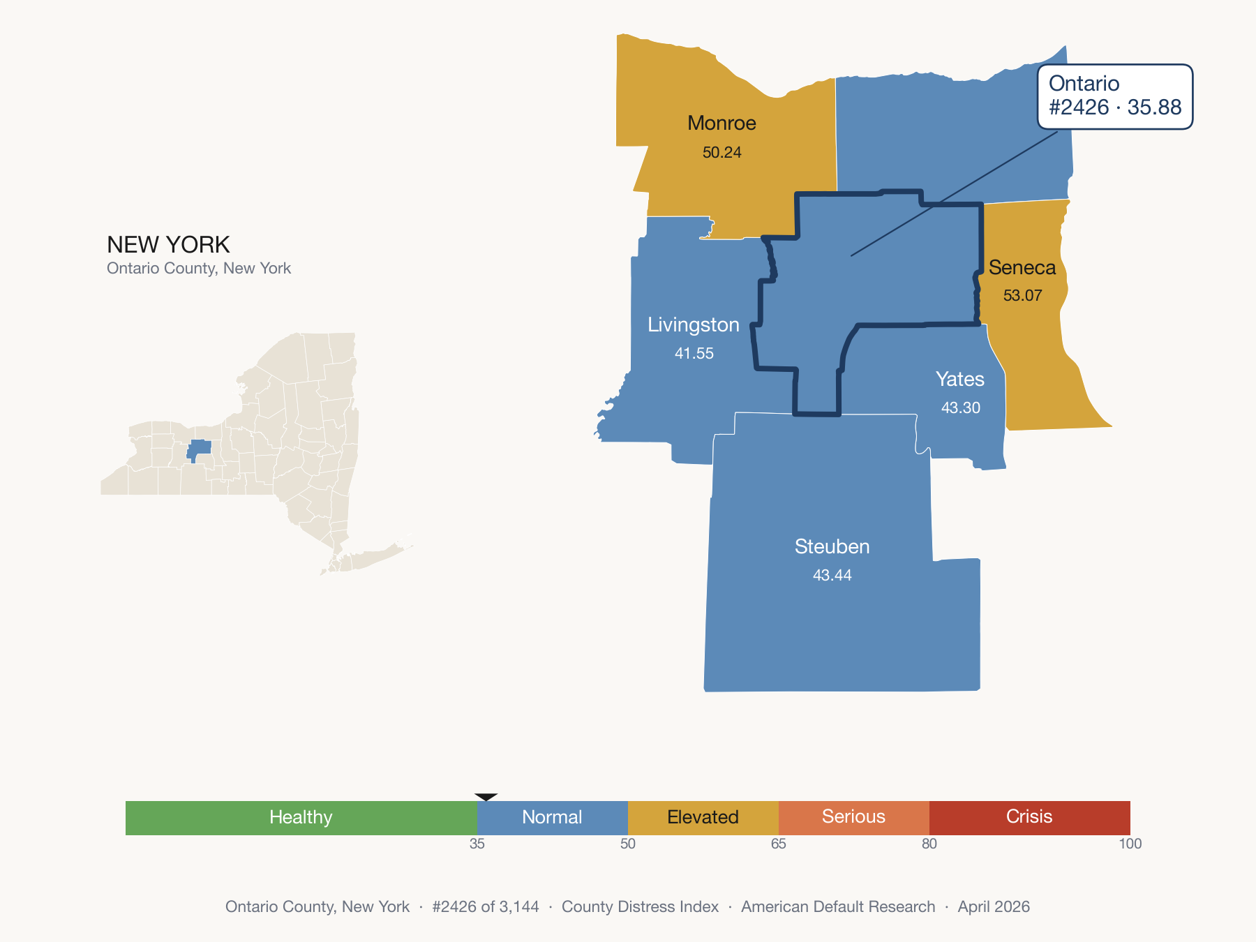 County Distress Index cluster map. Ontario County, New York and its neighbors colored by distress zone.