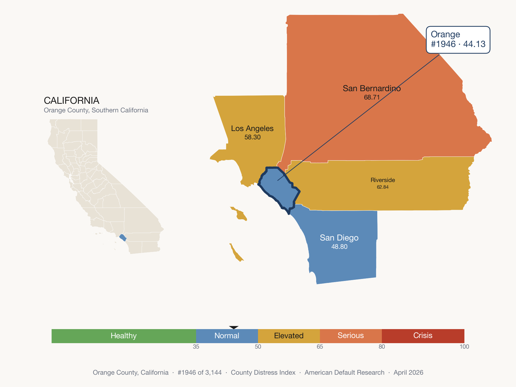 County Distress Index cluster map. Orange County, California and its neighbors colored by distress zone.