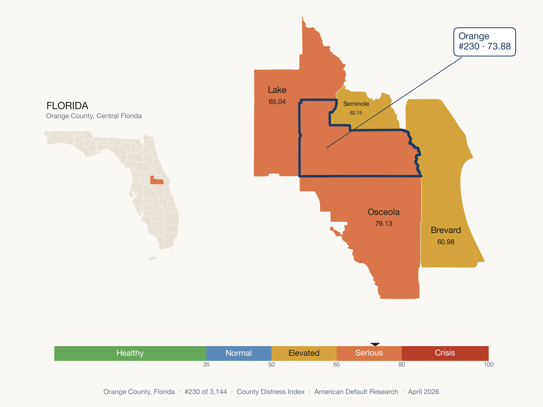 County Distress Index cluster map. Orange County, Florida and its neighbors colored by distress zone.