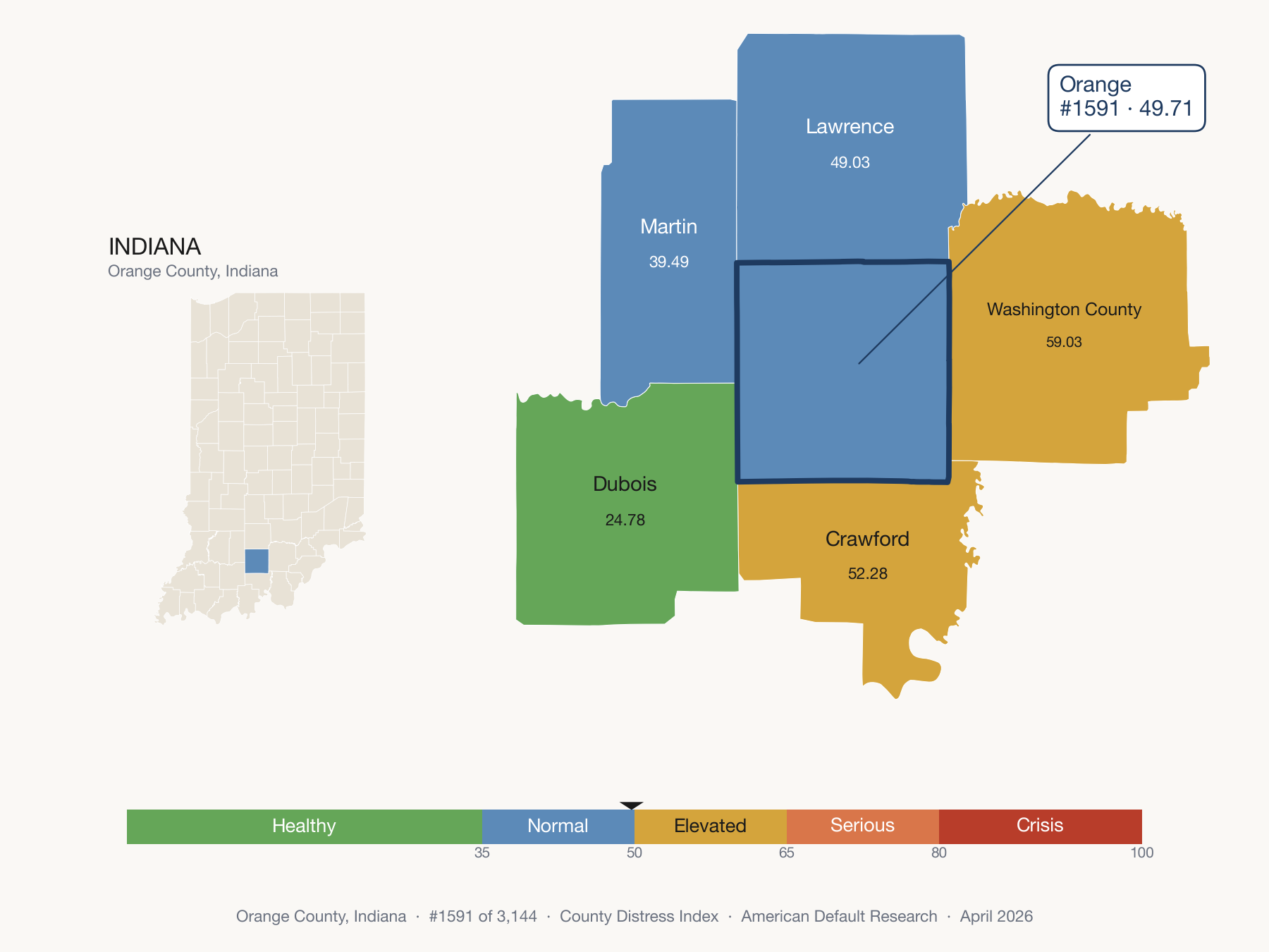 County Distress Index cluster map. Orange County, Indiana and its neighbors colored by distress fifth.