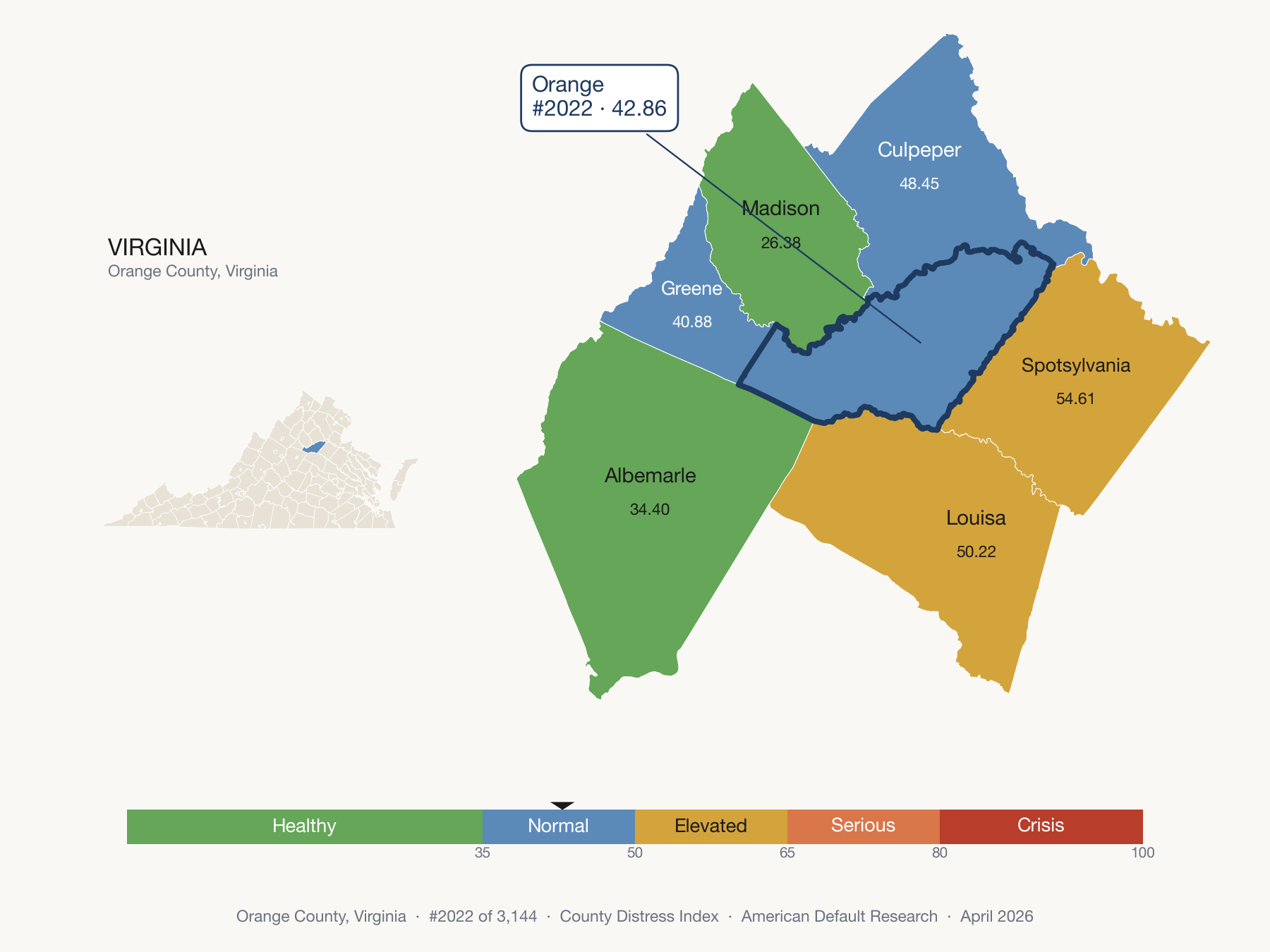County Distress Index cluster map. Orange County, Virginia and its neighbors colored by distress zone.