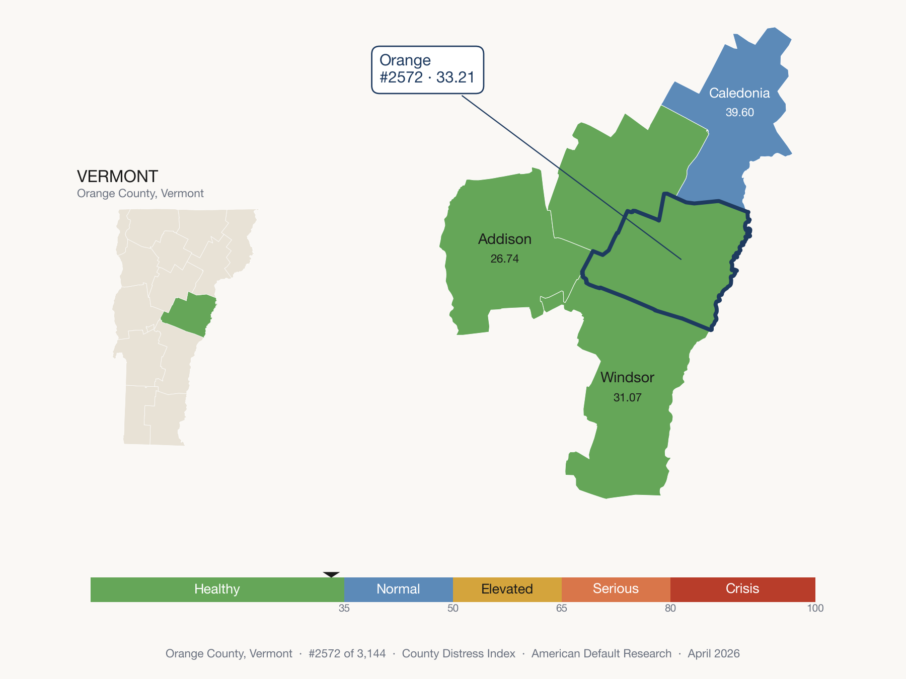 County Distress Index cluster map. Orange County, Vermont and its neighbors colored by distress zone.