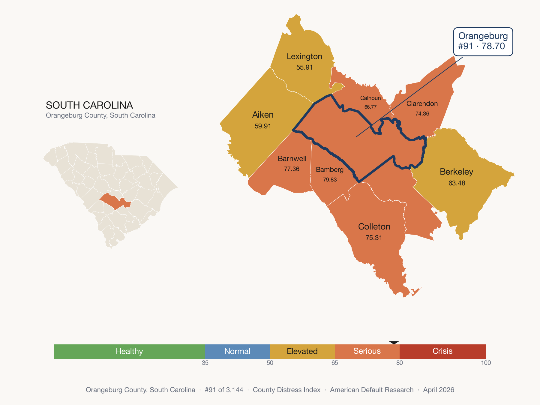 County Distress Index cluster map. Orangeburg County, South Carolina and its neighbors colored by distress fifth.