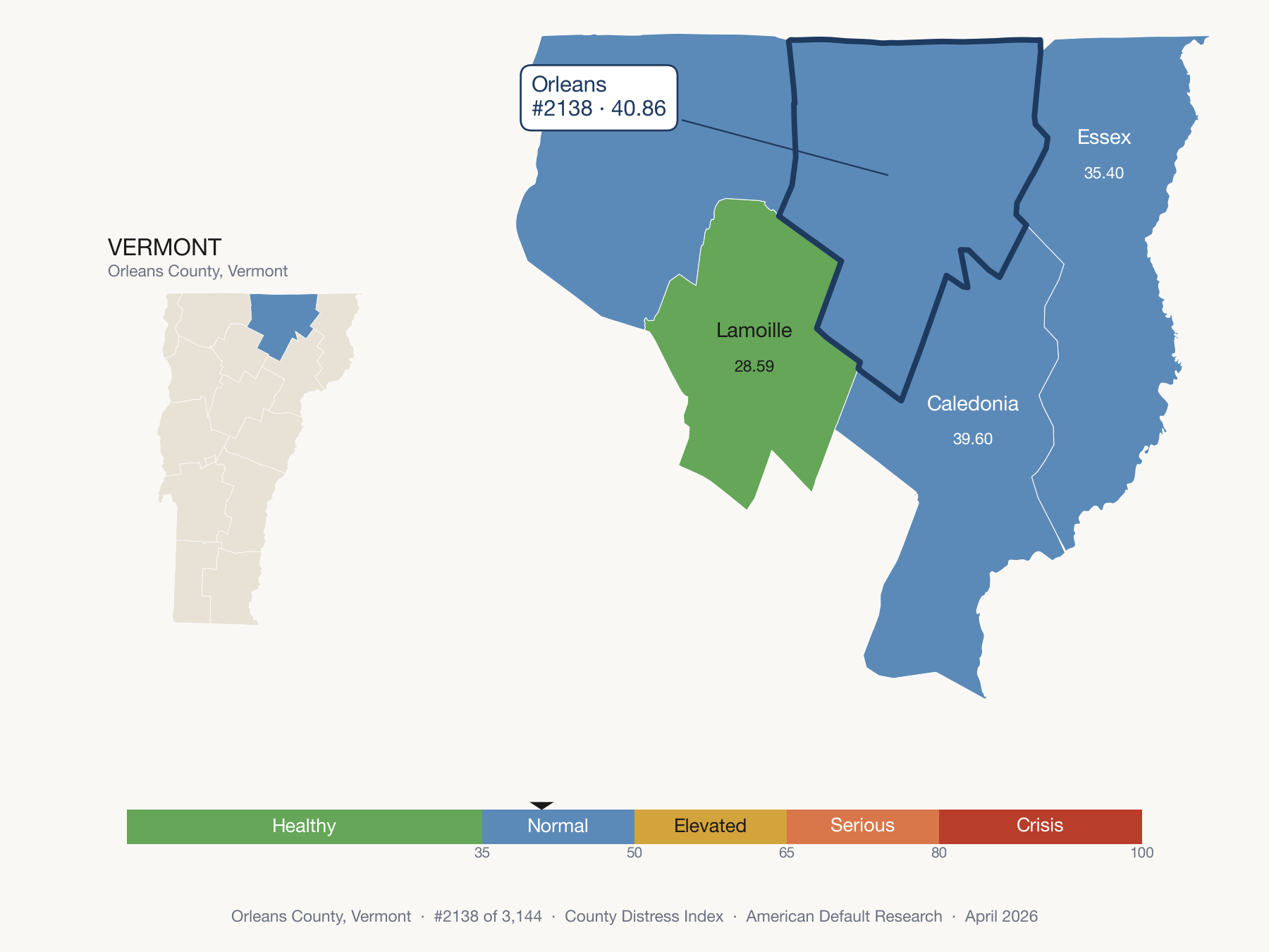 County Distress Index cluster map. Orleans County, Vermont and its neighbors colored by distress fifth.