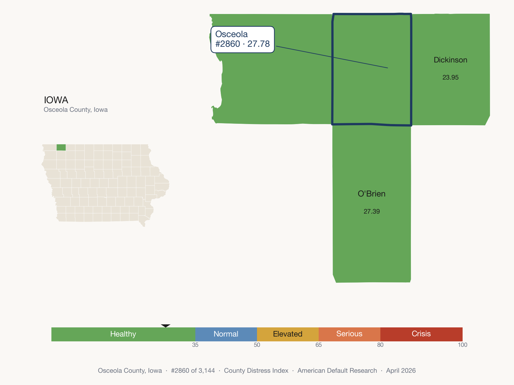 County Distress Index cluster map. Osceola County, Iowa and its neighbors colored by distress fifth.