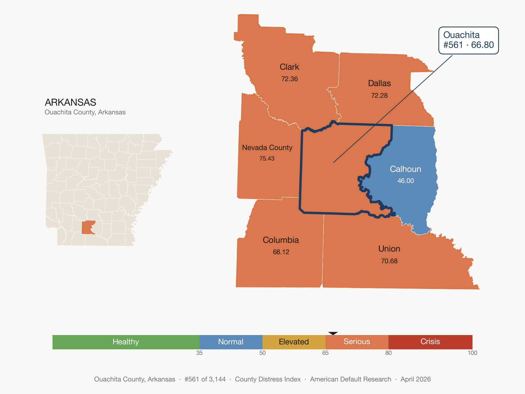 County Distress Index cluster map. Ouachita County, Arkansas and its neighbors colored by distress fifth.