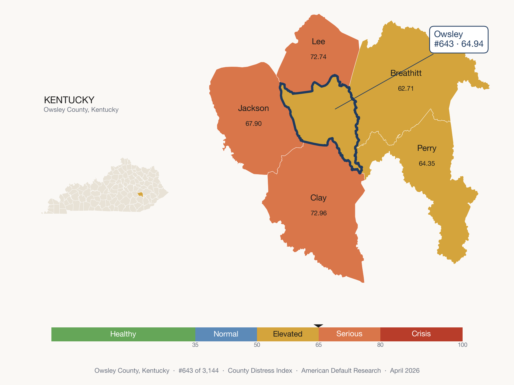 County Distress Index cluster map. Owsley County, Kentucky and its neighbors colored by distress fifth.