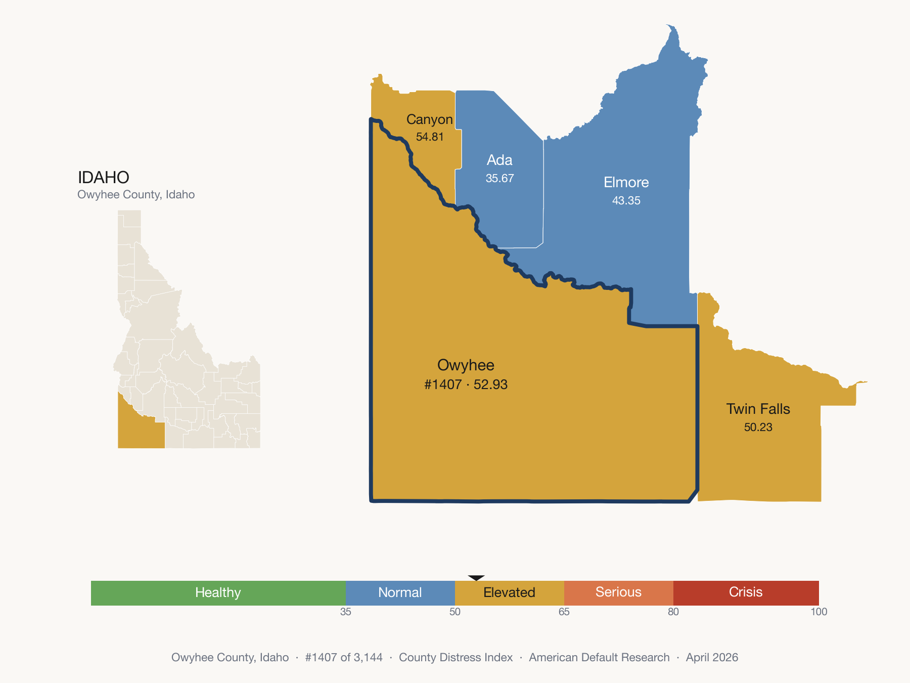County Distress Index cluster map. Owyhee County, Idaho and its neighbors colored by distress zone.