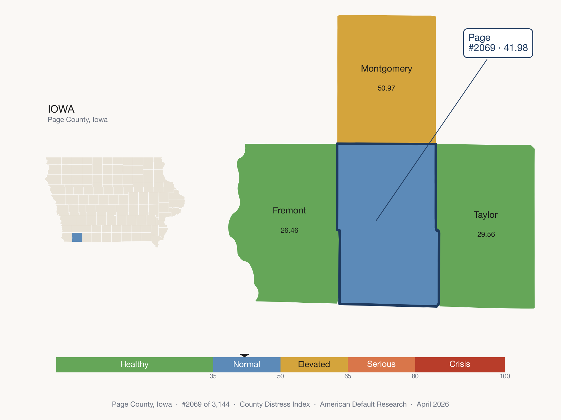County Distress Index cluster map. Page County, Iowa and its neighbors colored by distress fifth.