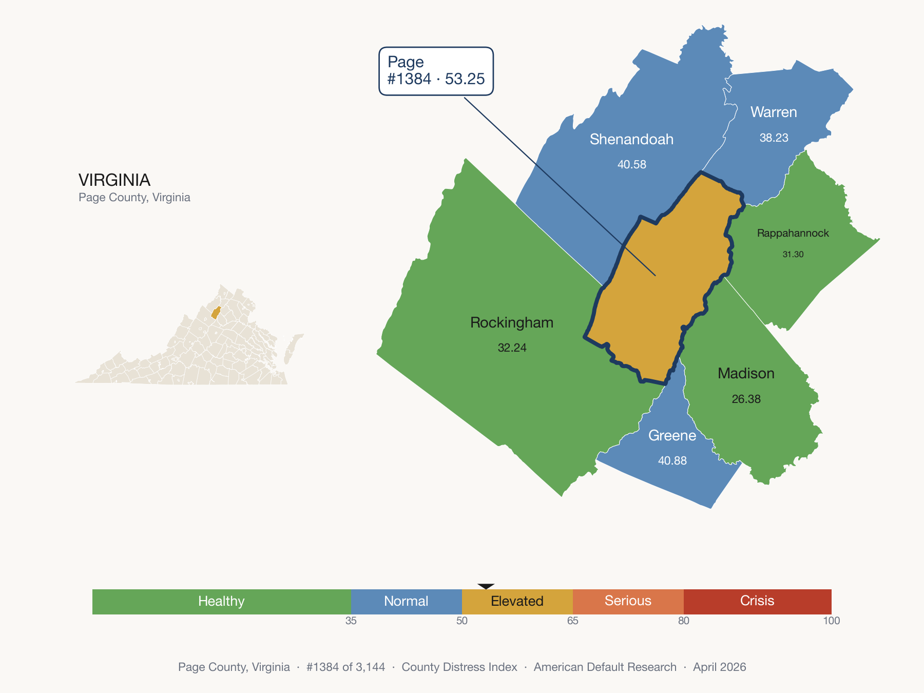 County Distress Index cluster map. Page County, Virginia and its neighbors colored by distress zone.