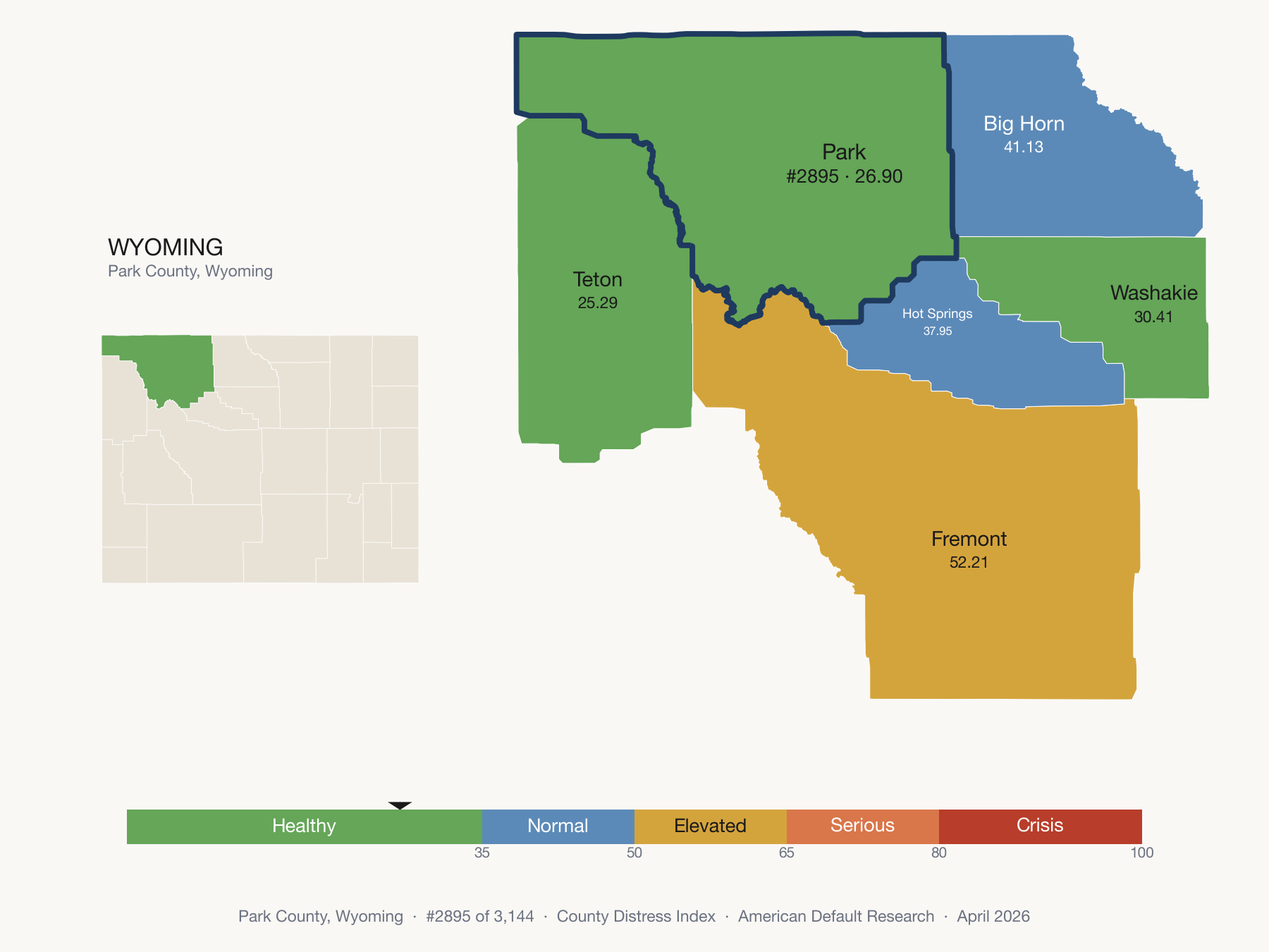 County Distress Index cluster map. Park County, Wyoming and its neighbors colored by distress zone.