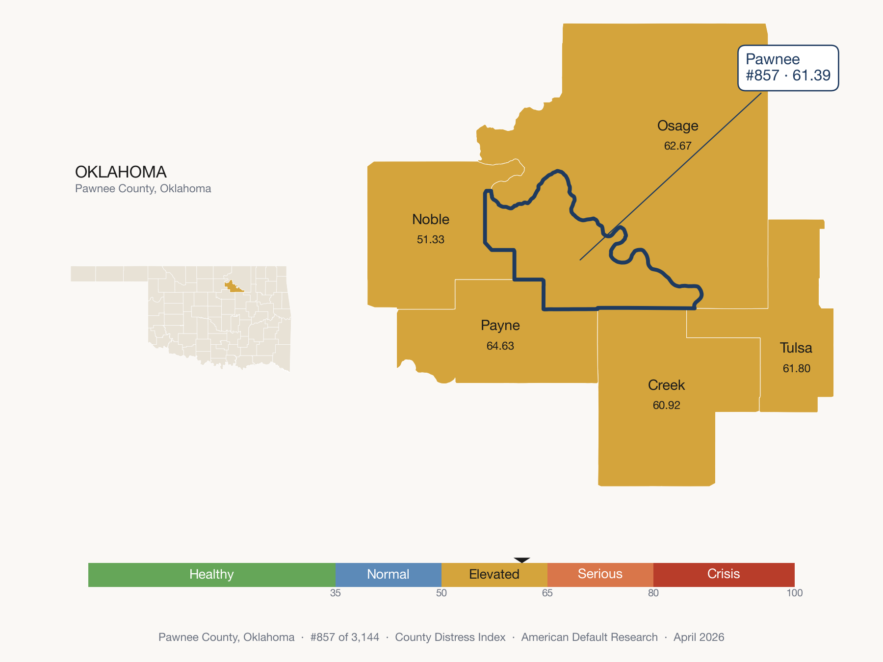 County Distress Index cluster map. Pawnee County, Oklahoma and its neighbors colored by distress fifth.