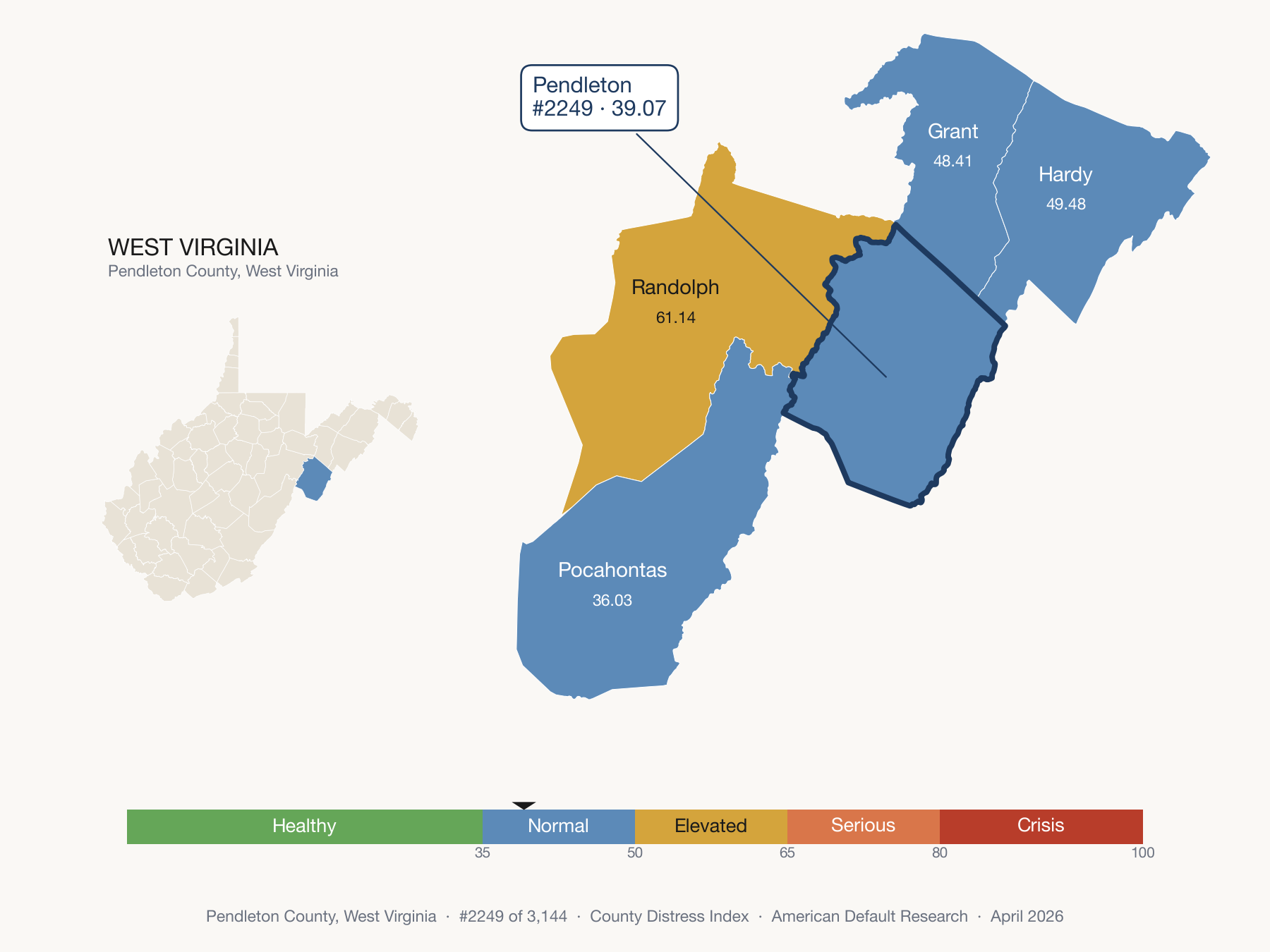 County Distress Index cluster map. Pendleton County, West Virginia and its neighbors colored by distress fifth.