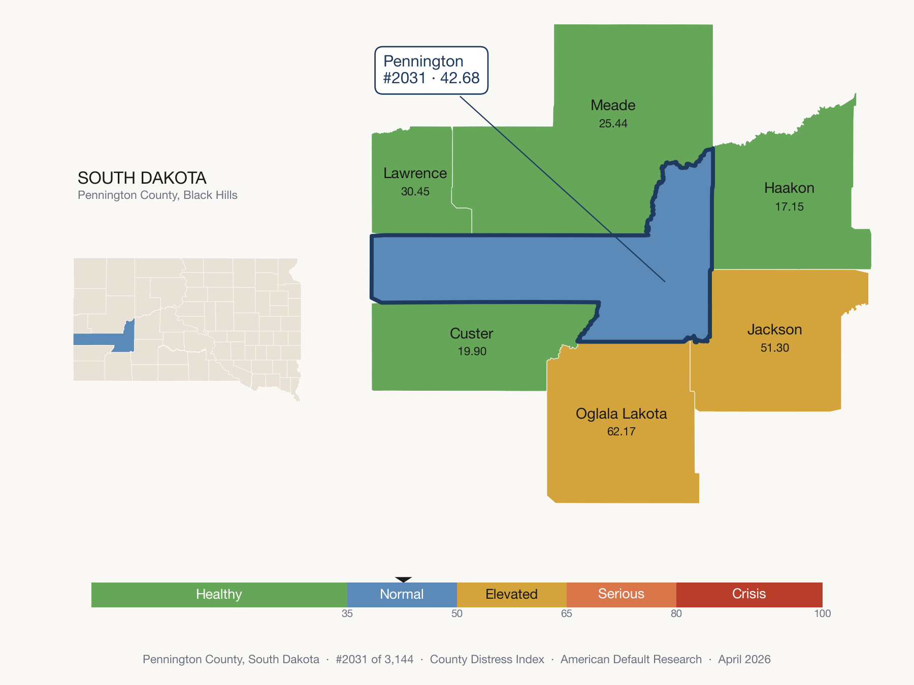 County Distress Index cluster map. Pennington County, South Dakota and its neighbors colored by distress zone.