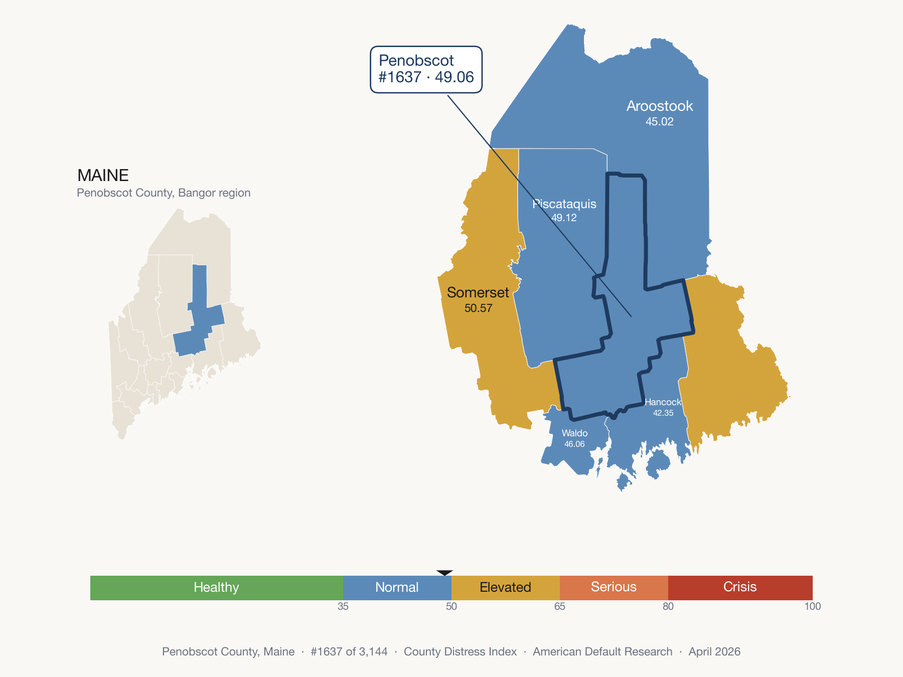 County Distress Index cluster map. Penobscot County, Maine and its neighbors colored by distress fifth.