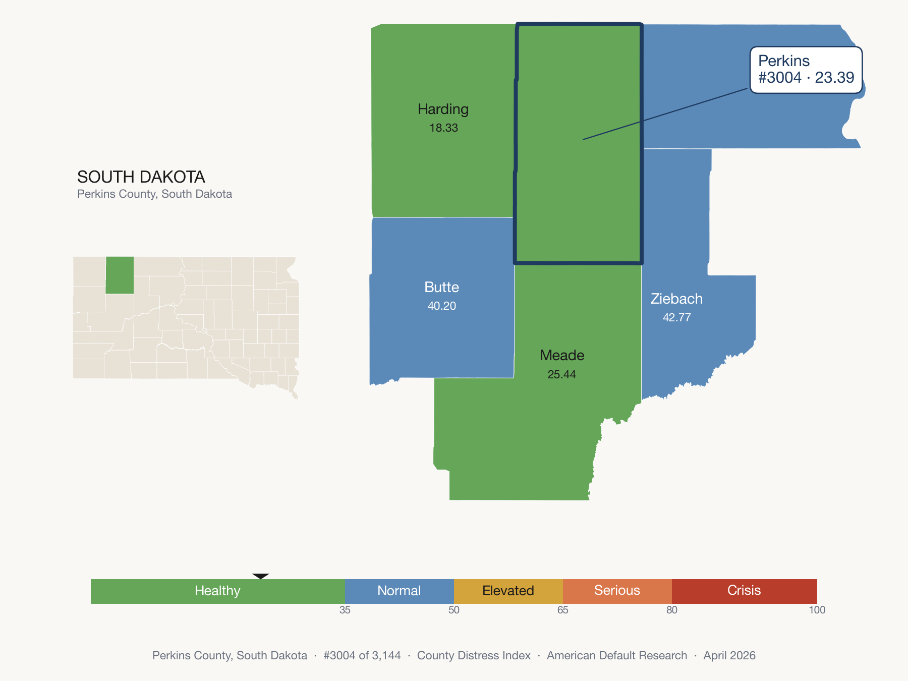 County Distress Index cluster map. Perkins County, South Dakota and its neighbors colored by distress zone.