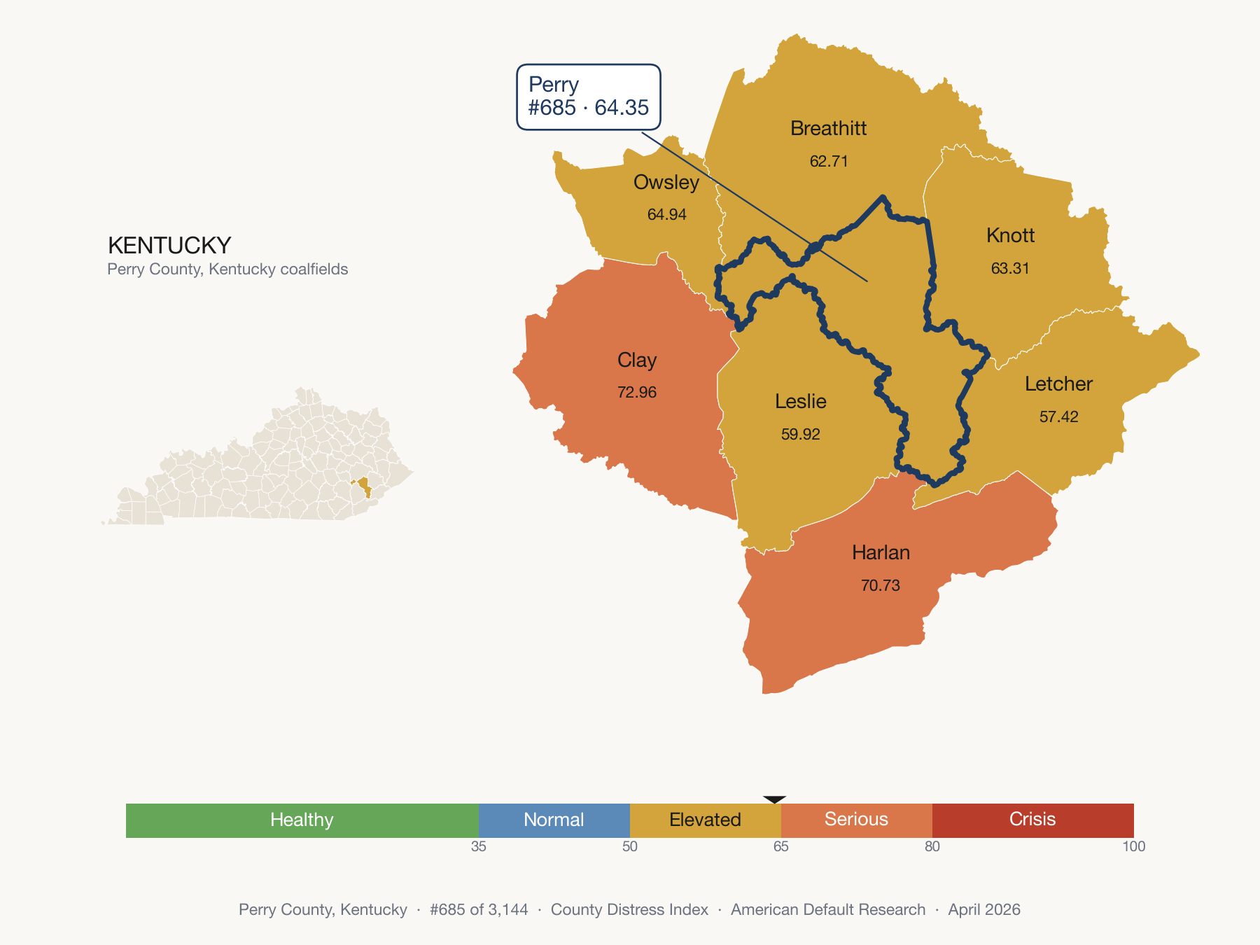 County Distress Index cluster map. Perry County, Kentucky and its neighbors colored by distress fifth.