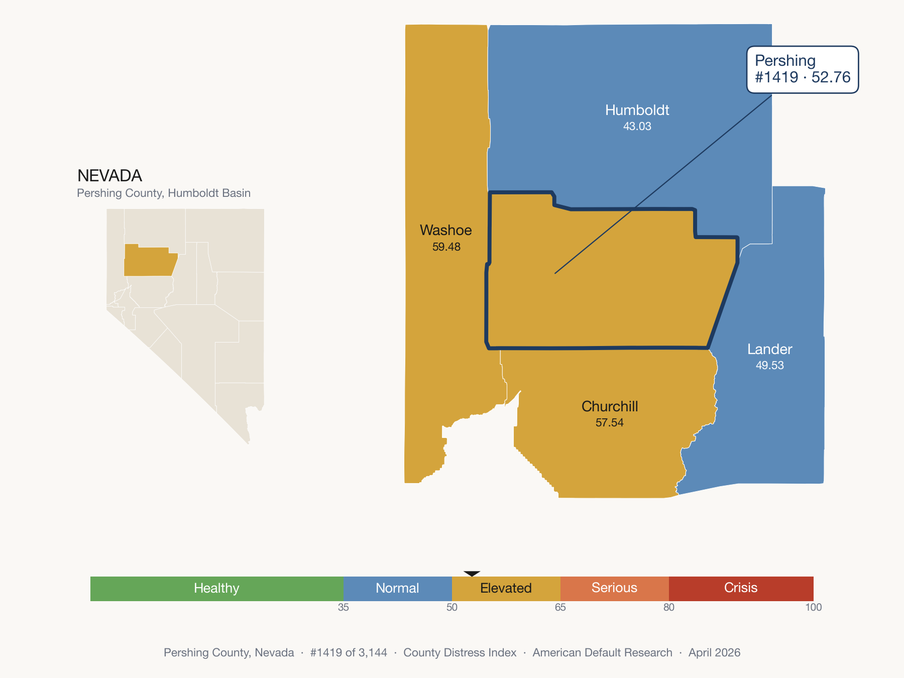 County Distress Index cluster map. Pershing County, Nevada and its neighbors colored by distress zone.
