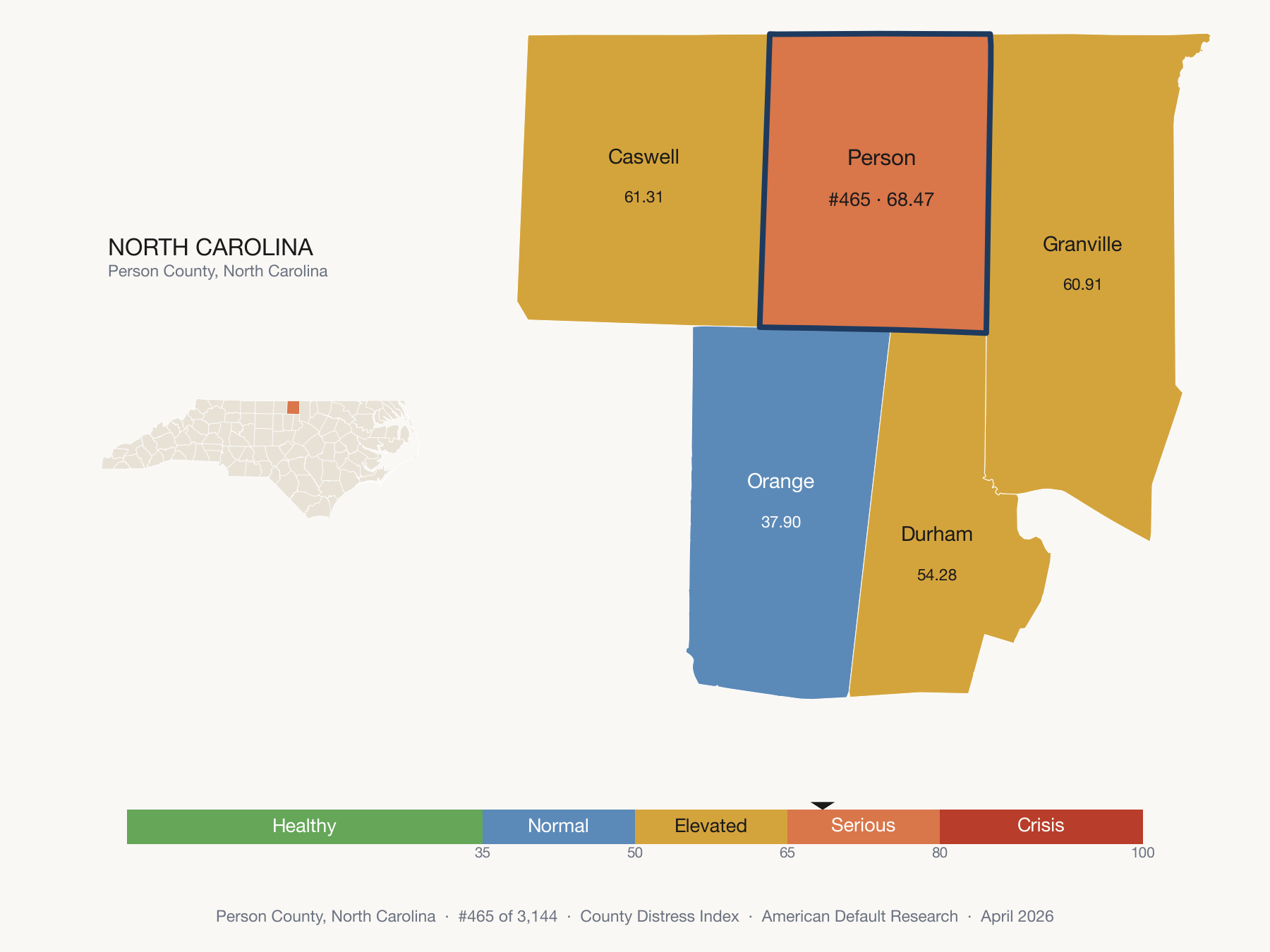 County Distress Index cluster map. Person County, North Carolina and its neighbors colored by distress fifth.