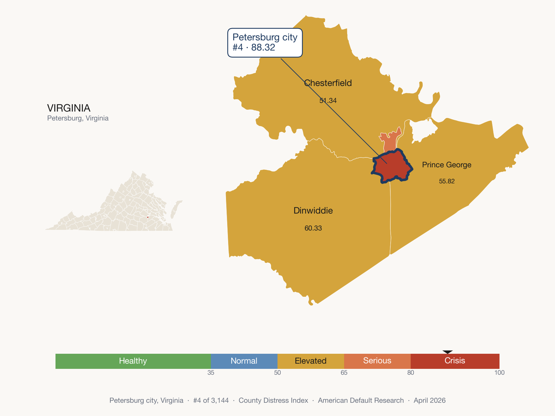County Distress Index cluster map. Petersburg city, Virginia and its neighbors colored by distress zone.