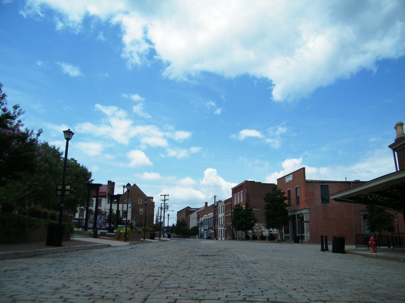 Historic brick buildings along a quiet downtown street in Petersburg, Virginia. The 19th-century storefronts are largely intact, with few signs of recent investment.