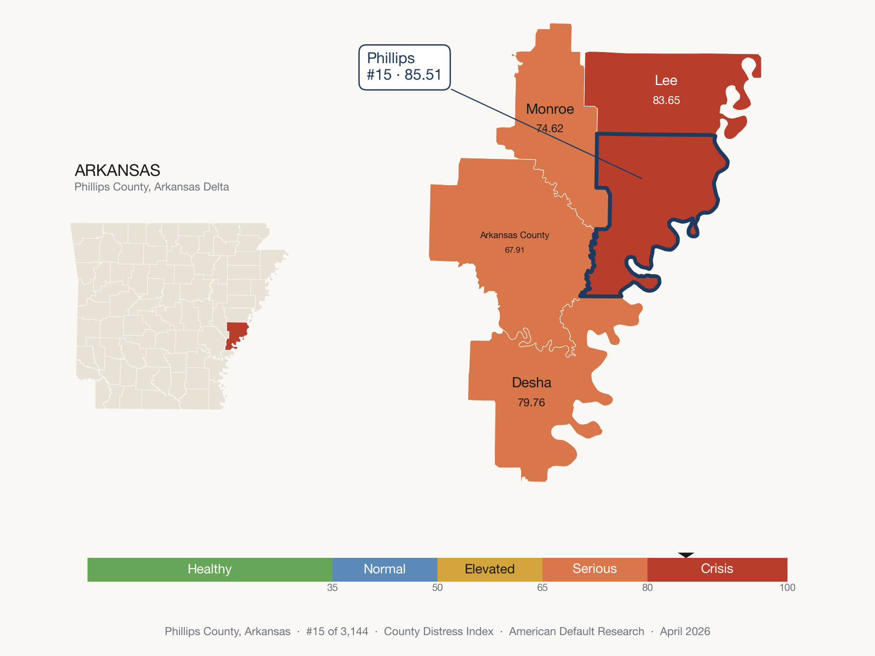 County Distress Index cluster map. Phillips County, Arkansas and its neighbors colored by distress zone.