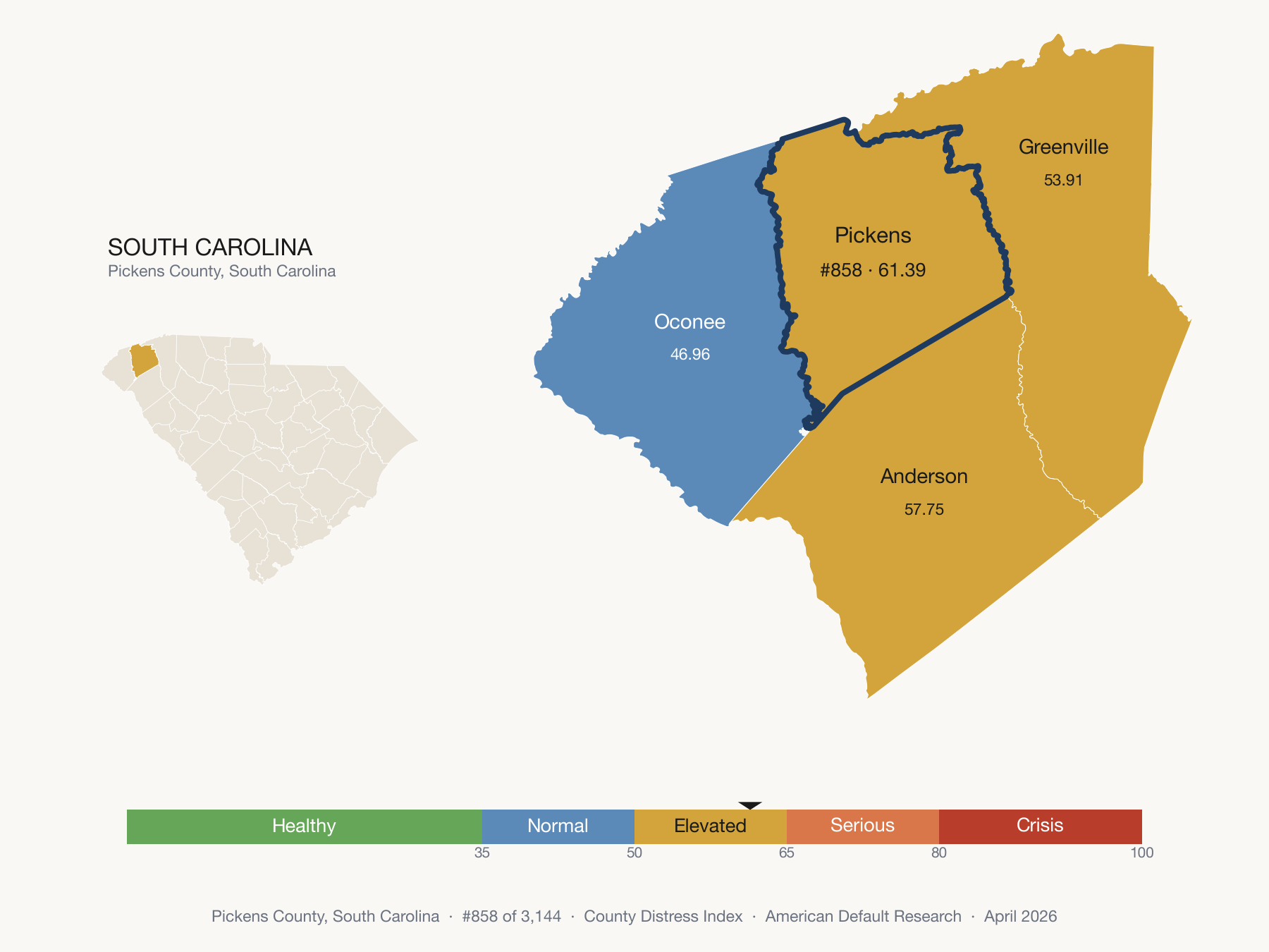 County Distress Index cluster map. Pickens County, South Carolina and its neighbors colored by distress fifth.