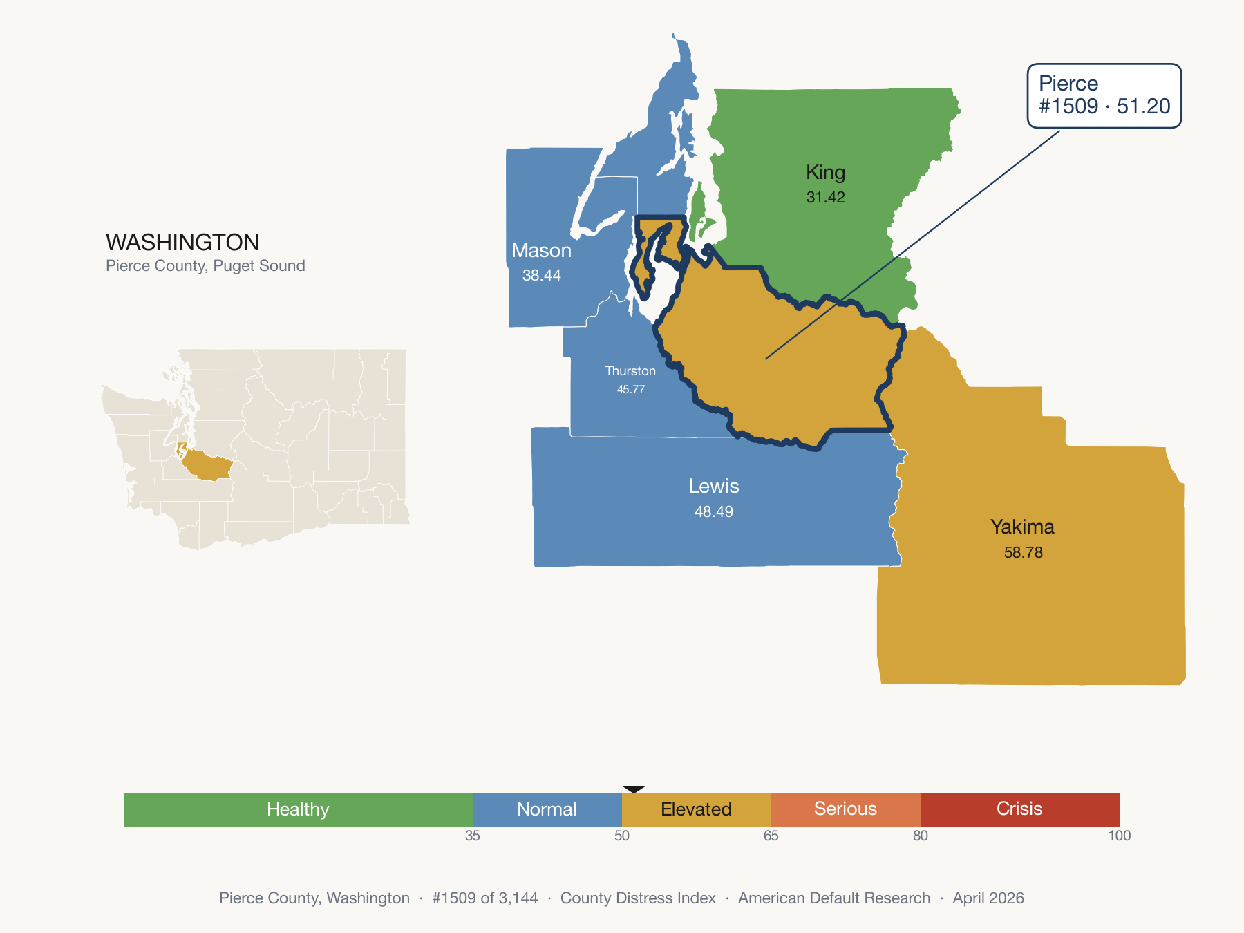 County Distress Index cluster map. Pierce County, Washington and its neighbors colored by distress zone.